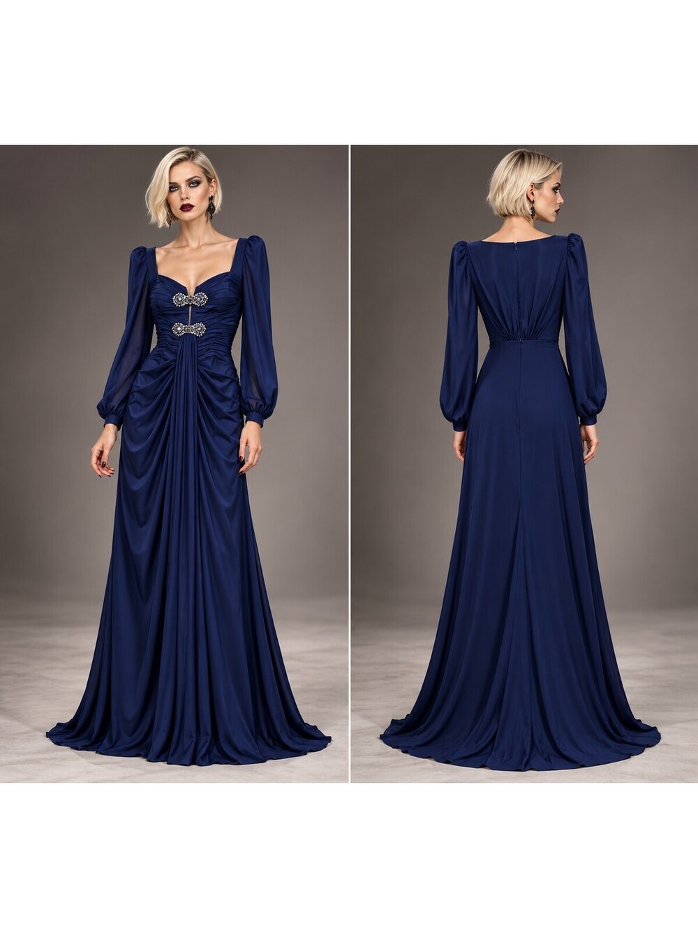 Badgley Mischka Couture Collection Sz 4 Navy Ruched Jeweled Long Sleeve Gown NWT